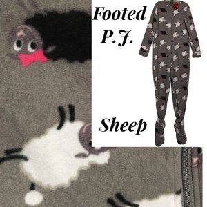 K C Footed pajamas sheep print gray white black & pink nonslip feet Med. EUC